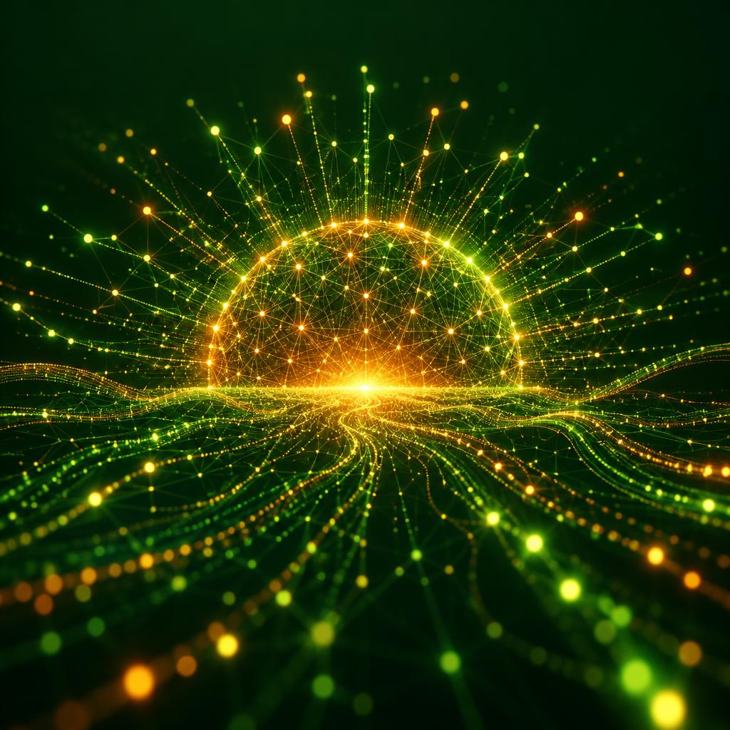 A neural network of data streams rising like a sun