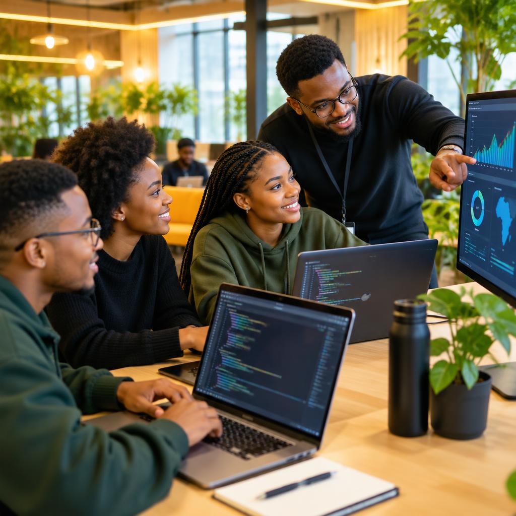 Graduate developers collaborating with a mentor over code and dashboards